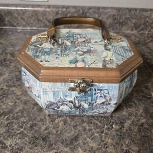 Vintage Anton Pieck Wooden Octagon Decoupage Box Purse, Swirl Lucite Handle